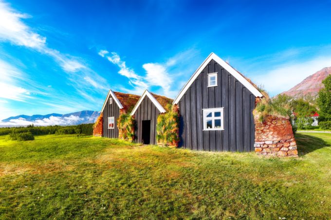 Traditional Icelandic turf houses in the town of Holar